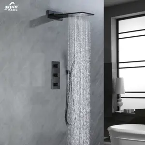 욕실 벽 숨겨진 샤워 세트 블랙/골드 럭셔리 샤워 수도꼭지 강우량 폭포 레인 샤워 세트