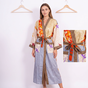 Kimono Vintage de Seda para Mujer, Vestido Largo de Playa, Ropa de Dormir, Túnica India con Cuello en V Floral, Transpirable para Verano, Primavera y Otoño - Product Image 1