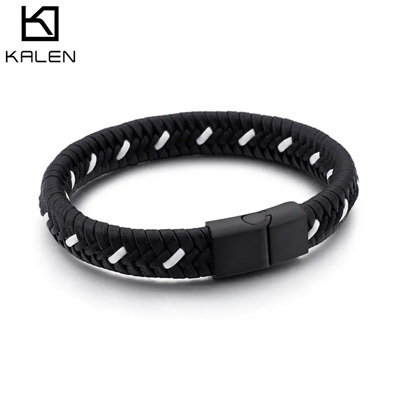 KALEN Gelang Kulit Hitam Panjang 220Mm, Gelang Kulit Pesona untuk Pria