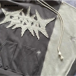 HG2016 Heavyweight <b>Drop</b> Shoulder Distressed Patch Applique Embroidery Pullover Vintage <b>Acid</b> Wash Hoodie for Men - Product Image 2