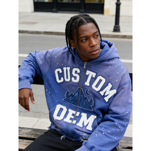 Sudadera con capucha para hombre, de 400 GSM, de gran gramaje, estilo streetwear, con cremallera, desgastada, vintage, personalizada OEM, con bordado de apliques - Product Image 2