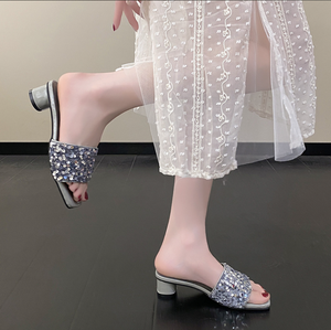 Nouvelles sandales de plage à talons épais à paillettes, style décontracté et polyvalent, bout carré, talons hauts pour femmes 8899 - Product Image 5