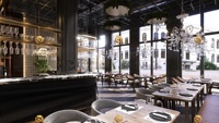 Design d'intérieur de restaurant haut de gamme, ensemble de meubles classiques pour café-bar avec chaises en rotin et table en bois, comptoir de bar personnalisé pour les boissons