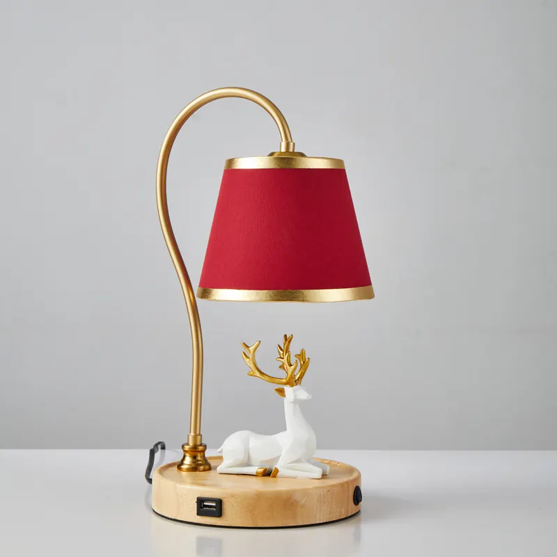 Lâmpada de cabeceira vermelha festa, luz de quarto, luxuosa, lâmpada de mesa de madeira sólida, regulamento sem fio de carregamento