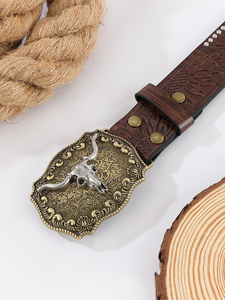 Sabuk Kulit Sapi Model Vintage Kepala Banteng Barat untuk Remaja, Aksesoris Sabuk Jeans Serbaguna, Laris untuk EU, AS, Asia Tenggara - Product Image 2