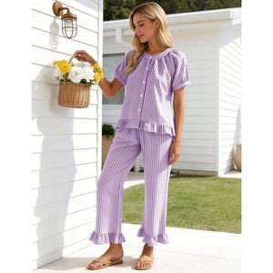 Womens Striped Pajama Set 2 Piece Cotton Short Sleeve Button <b>Down</b> Top Long <b>Pants</b> With Pockets Soft Sleepwear Lounge Wear - Product Image 6