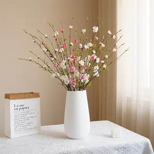 Flor de ameixa falsa artesanal, flor artificial com 3 cabeças, baixo MOQ para decoração de casa, arranjo floral de flores falsas