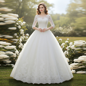 Abito da <span class=keywords><strong>sposa</strong></span> moderno a sirena con maniche a sbuffo, scollo a barca, decorazioni in pizzo, completamente foderato, lunghezza a terra - Product Image 1
