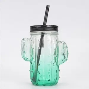 16oz Creative glass water cup simple cactus straw juice drink jar Mason with handle