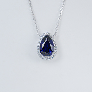 925 Sterling Silver Pear Cut Lab-Created Sapphire Pendant Necklace with CZ Halo, Women's <b>Wedding</b> & Party Jewelry - Product Image 1