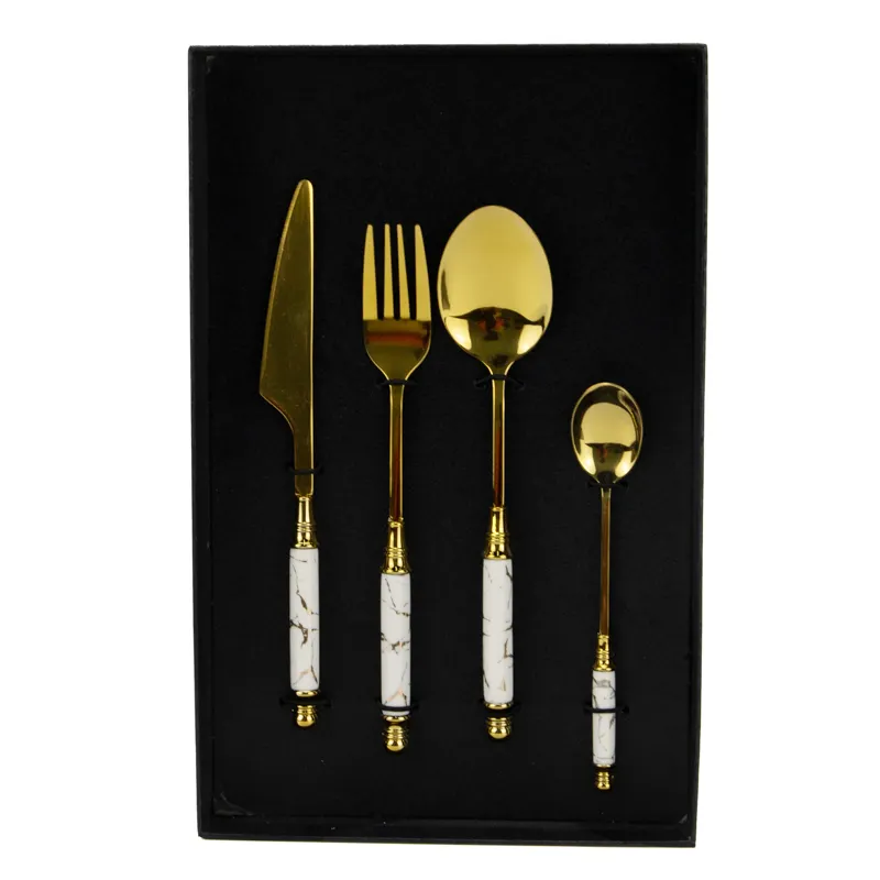 White Marbled Ceramic Handle Stainless Steel Premium Black Gold Fork Knife Spoon Dinner Cutlery Set