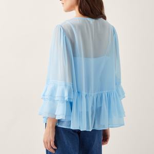 Nueva Blusa Casual de Mujer para Primavera/Verano, Manga Tres Cuartos, Cuello en V, Holgada, con Pliegues, Cinta y Botones, Talla Grande - Product Image 4