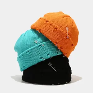 Solid Color Knit Winter Hat Soft Destroyed Skull Cap Thermal Retro With Cuff Distressed Knit Beanies With Hole Pin