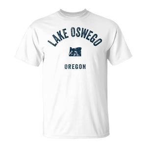 T-shirt con stampa vintage blu navy di Lake Oswego Oregon - Product Image 1
