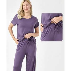 Ensemble de pyjama en viscose de bambou pour femmes, haut à manches courtes avec pantalon, 2 pièces, vêtements de nuit confortables et doux - Product Image 2