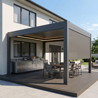 Pergola motorisée moderne en aluminium avec toit à lames orientables résistant au vent, écran zip et éclairage LED pour réparation de maison, terrasse et patio