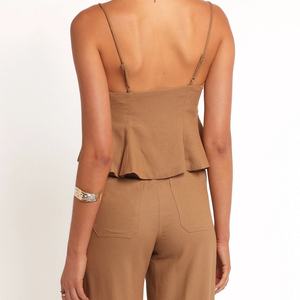 Ensemble en coton et lin pour femmes, style décontracté, printemps-été, motif uni, ensemble deux pièces, pantalon large, cardigan, gilet - Product Image 4