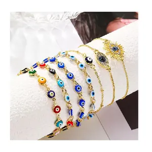 18K Gold plattiert Edelstahl bunt Hippie Dame-Armband Kristall Zirkone niedlich einstellbar blau böse Augen-Armband für Damen