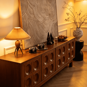 Retro Mid-Century Wooden TV <b>Stand</b> with Embossed Geometric Panel <b>Doors</b>, Media Console for Living Room - Product Image 3