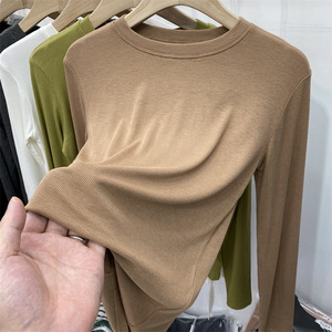 T-shirt à manches longues en coton fin très élastique 300g pour femme, nouveau modèle slim uni, haut tendance - Product Image 6