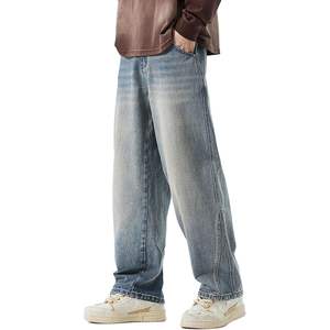 กางเกงยีนส์วินเทจขาตรงสำหรับผู้ชาย, กางเกงยีนส์วินเทจ90s สไตล์สโตนว์3D เอวยางยืดทรงหลวมใส่เล่นฮิปฮอป - Product Image 5