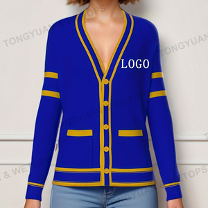 Cardigan Cardigan personalizzato BSCI con lettere di cotone su misura ricamate blu e <span class=keywords><strong>oro</strong></span> maglione delle donne della confraternita greca - Product Image 1