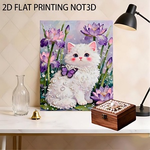 Décoration murale et de table moderne en toile écologique avec cadre, motif animal chat imprimé diamant et perle - Product Image 5
