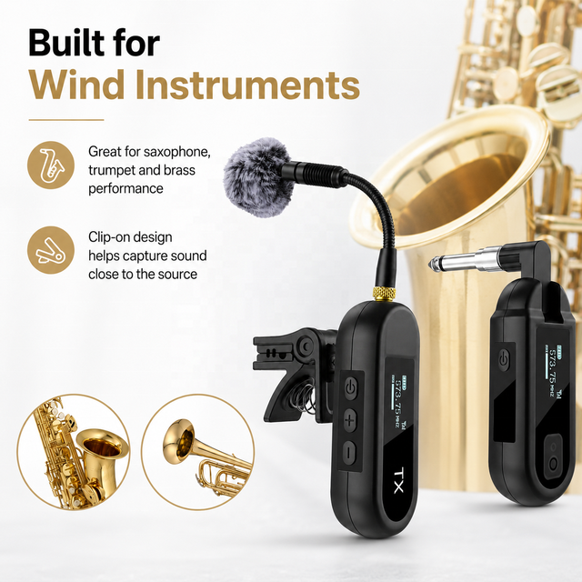 UHF Wireless Saxophone Microphone System Clip-On Pickup Transmitter Receiver for Saxophone with 6.35mm Plug or 3.5mm Plug