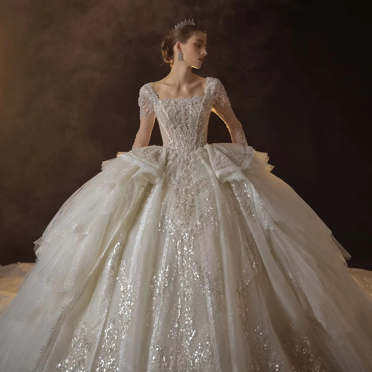 JUSERE Wedding Ball Gown - Luxury Heavy Beads & Long Sleeves