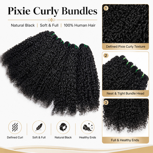 Extensions de cheveux humains noirs naturels, bouclés style pixie, texture complète, boucles serrées et douces, pour coiffures courtes et bouclées. - Product Image 2