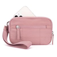 Dompet Kartu Kecil Berlapis Jahitan Terbaru dengan Logo Kustom, Tas Mini Clutch Anti RFID, Dompet Wanita Bahan Nylon Tahan Lama dengan Tali Pergelangan Tangan