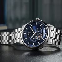 Montre automatique I&W en promotion avec double cadran secondaire, cadran bleu squelette, bracelet en acier inoxydable, montre mécanique de style professionnel