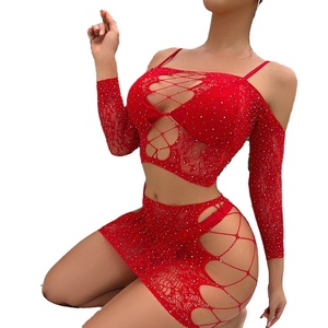 Sexy Visnet Girl Rhinestone Crystal Mini Jurk Diamanten Top 2 Stuk Pak Bodystocking Lingerie Dancewear - Product Image 1