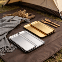 Plateau carré long en acier inoxydable FLEY, style esthétique coréen, plat de table plat compatible micro-ondes, vaisselle réutilisable pour barbecue et fondue