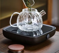Théière en verre martelé à couvercle en bois de noyer grande capacité, verre borosilicate résistant aux hautes températures avec infuseur en acier inoxydable