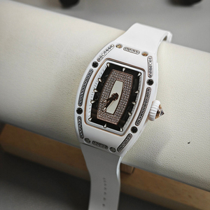 High End Ladies Quartz <b>Watch</b> White Ceramic Tonneau Case with Rose Gold Diamond Dial - Product Image 4