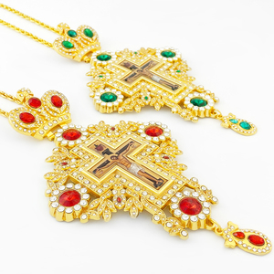 HT工厂销售新设计希腊镀金大尺寸合金东正教主教胸前十字项链与彩色石头 - Product Image 6