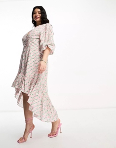 Escote en V Mangas Voluminosas Ojo de Cerradura Espalda Alto Bajo Dobladillo Faldas Curvilíneas Vestido de talla grande para <span class=keywords><strong>mujer</strong></span> - Product Image 5