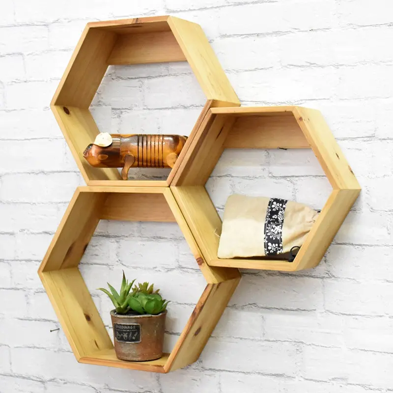 Luckywind-estante hexagonal de madera para decoración del hogar, artesanías, montado en la pared, rústico, flotante