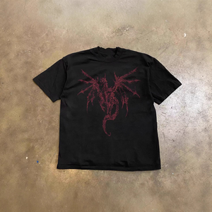 T-Shirt Unisex Oversize a Maniche Corte in Cotone Pesante 250gsm con Stampa Grafica di Drago Volante e Scheletro, Stile Y2K, Personalizzabile - Product Image 2