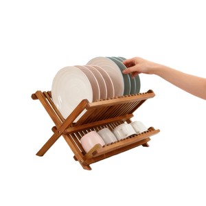 Double Layer Wooden Dish <b>Rack</b> Folding Kitchen Drain <b>Rack</b> For <b>Plates</b> Cups Storage Brown - Product Image 5