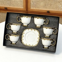 Taza de Café de Cerámica Retro Europea con Borde Dorado Electrochapado, Juego de Lujo para el Hogar, Té de la Tarde Estilo Medio Oriente, 6 Tazas y 6 Platos