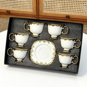 European Retro Ceramic Coffee Cup Electroplated Gold Rim Luxury Home Middle Eastern Afternoon Tea 6 Cups 6 Saucers - Product Image 3