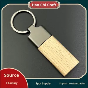 Custom Logo Business Gift Rectangular Beech Wood Wooden Metal Keychain Key Chain - Product Image 3