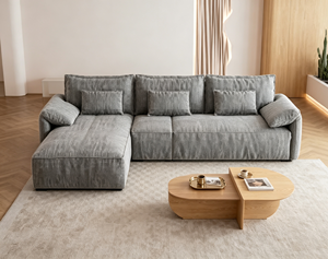 Sofá Seccional en Forma de L de Tela Minimalista Moderno con Respaldo Acolchado, Brazos Acolchados, Patas de Madera, Tres Plazas, Muebles para Sala de Estar - Product Image 1