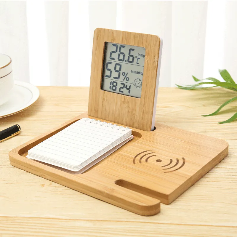 Bamboo Lcd Digital Desk Alarm Clock Wireless Charger Wooden Electronic Table Clock with Temperature Humidity