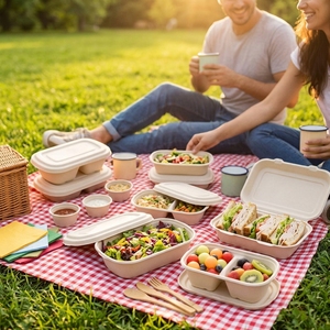Boîte à lunch jetable en bagasse de canne à sucre naturelle, compatible congélateur, recyclable, biodégradable, compostable, pour préparation de sushis et aliments - Product Image 1