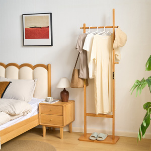 Solid Wood Floor <b>Standing</b> Clothes Rack Rectangle Bedroom Clothing Organizer Hanging Rack With <b>Hat</b> Hook And Bag Hook - Product Image 2