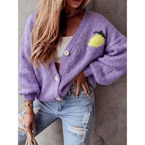 Cardigan en tricot pour femme, décontracté, couleur abricot, col en V côtelé, boutonné devant, manches longues, 100% polyester - Product Image 1