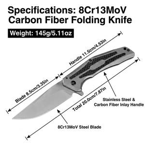 Couteau de poche pliant en acier 8Cr13MoV, lame à pointe tombante, manche en acier inoxydable, incrustation en fibre de carbone, ouverture par flipper, EDC, camping, OEM - Product Image 2